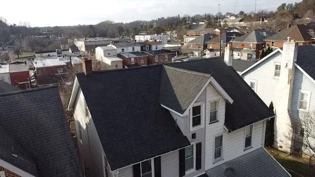 Aerial View of the back of a Lehigh Valley Residential Row House with a New Shingle Roof